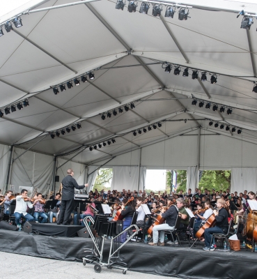 CUA Orchestra and Choir Rehearsing in the Mass Venue