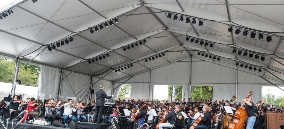 CUA Orchestra and Choir Rehearsing in the Mass Venue