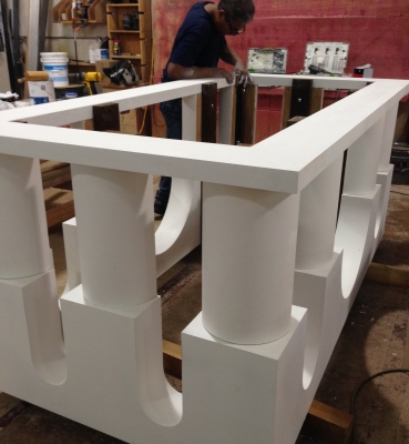 Deacon Dave Cahoon, a carpenter and ordained deacon for the Archdiocese of Washington, works on the altar that will be used by Pope Francis.