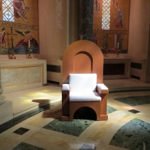 Papal chair designed by CUA students and built by Deacon Dave Cahoon sits inside the Basilica