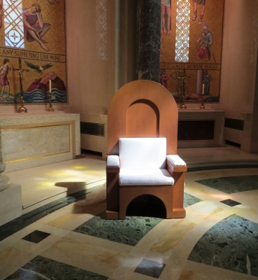 Papal chair designed by CUA students and built by Deacon Dave Cahoon sits inside the Basilica