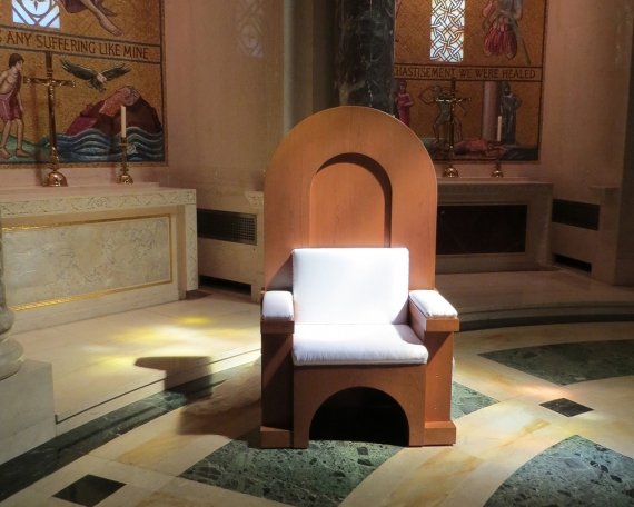 Papal chair designed by CUA students and built by Deacon Dave Cahoon sits inside the Basilica