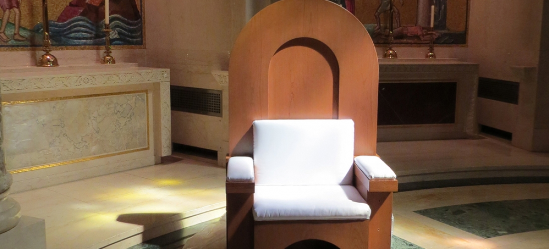 Papal chair designed by CUA students and built by Deacon Dave Cahoon sits inside the Basilica