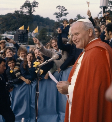 Pope John Paul II speaks to members of the Catholic University community during his 1979 visit to campus.