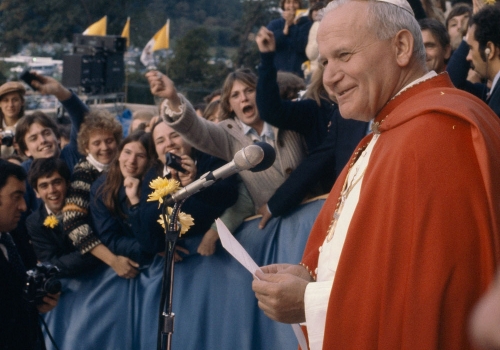 Pope John Paul II speaks to members of the Catholic University community during his 1979 visit to campus.