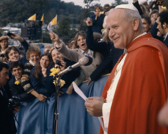 Pope John Paul II speaks to members of the Catholic University community during his 1979 visit to campus.