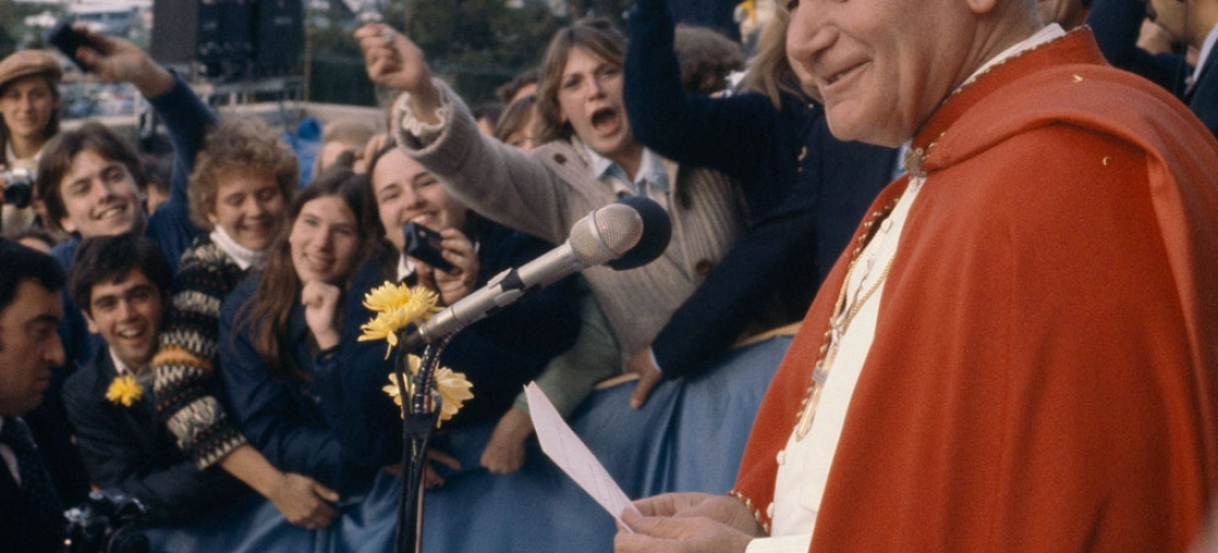 Pope John Paul II speaks to members of the Catholic University community during his 1979 visit to campus.